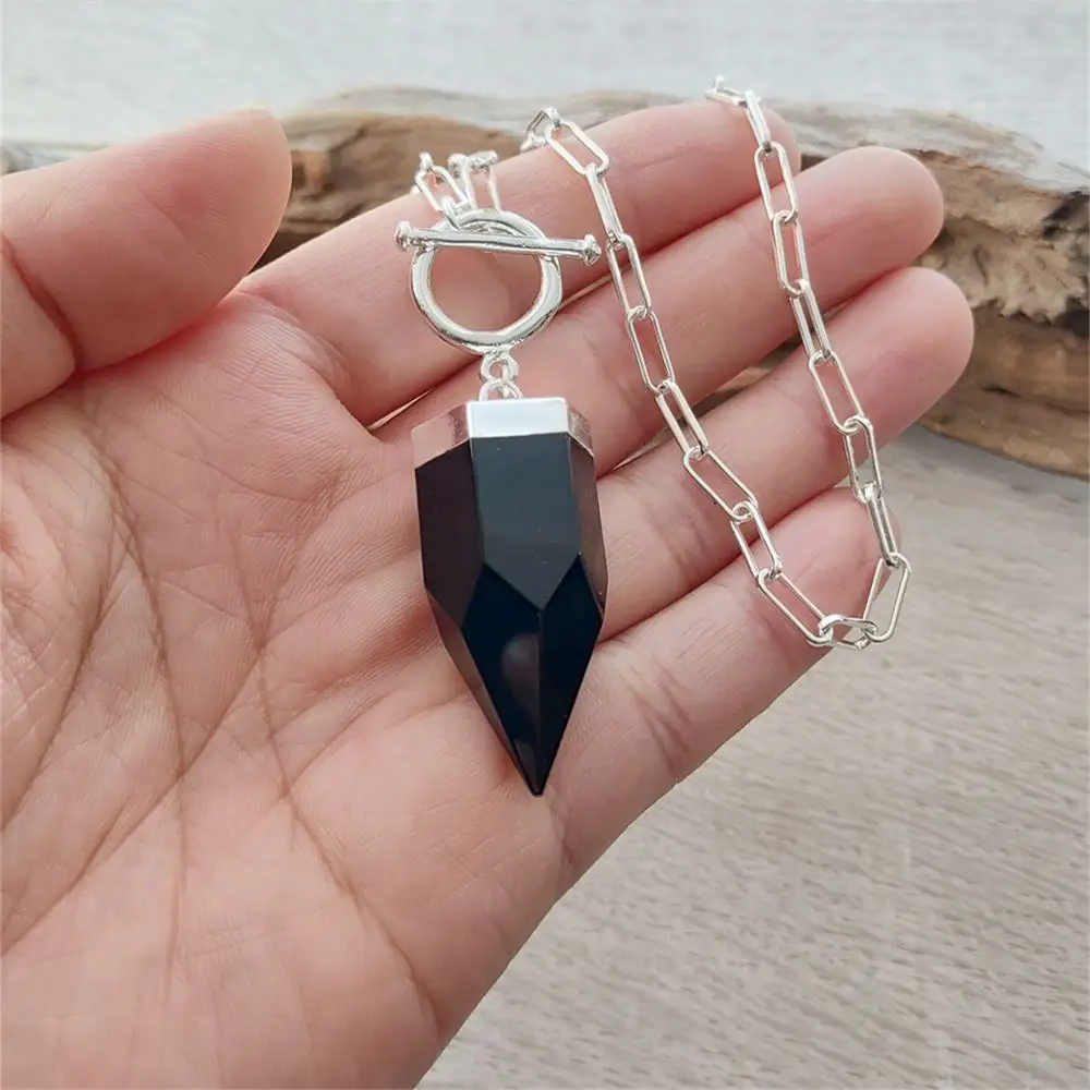 FUWO 1Pcs Obsidian crystal pointed necklace, silver plated square chain, black and white classic semi precious stone gift NC411Y