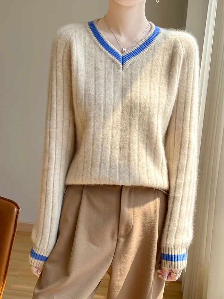 New Fashion Autumn Winter Woman Sweater Elegant 100% Merino Wool Knitwear V-Neck Striped Pullover Lady Long Sleeve Clothing Tops