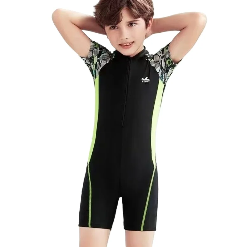 New Children's Swimsuit Boys Swimming Training Surfing One-piece Short-sleeved Swimsuit Sun Protection