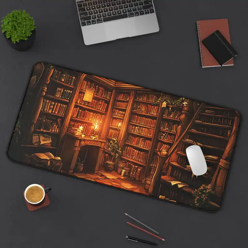 Magic Library-themed Vintage Book Desk Mat, A Charming Study Decoration for Book Lovers, Warm-toned Desktop Accessory XXL