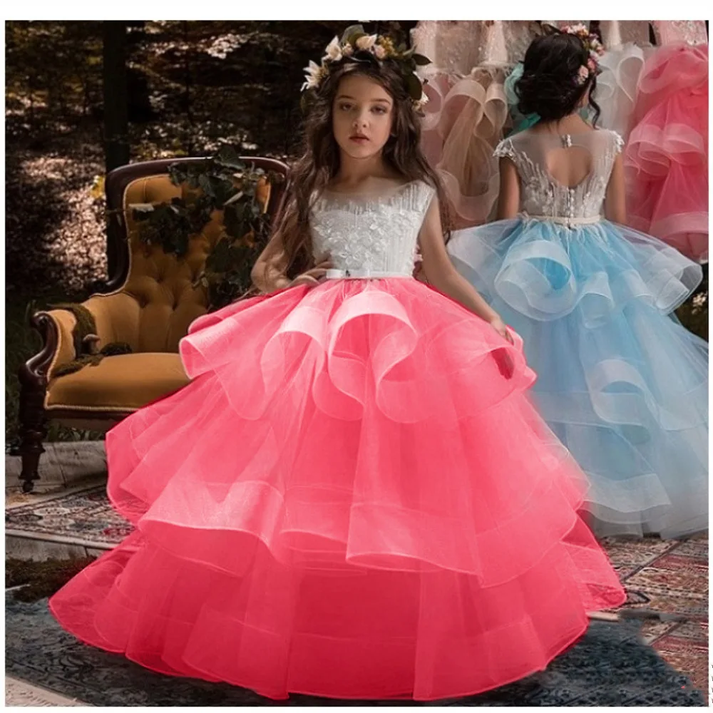 Flower Girls Dress Stitch Beads Applique Lace Hosted Performance Birthday Costume Bridesmaid Party Princess Kids Dresses