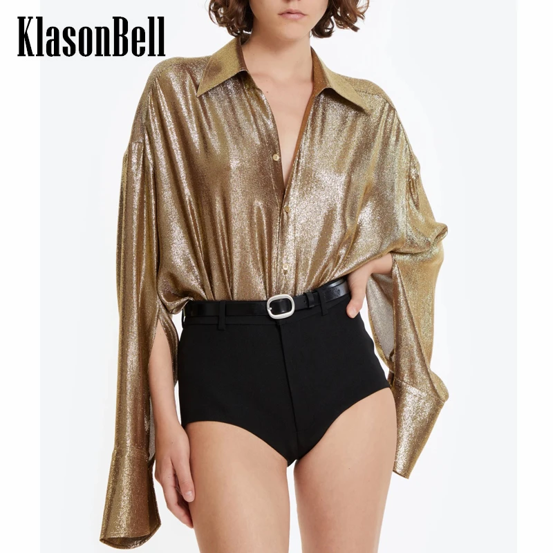 

3.30 KlasonBell Temperament Fashion Bling Gold Long Sleeve Shirt Spliced Bodysuits For Women Lapel Collar Loose Top Rompers