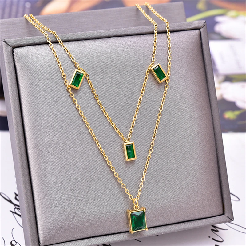 316L Stainless Steel New Fashion Fine Jewelry Elegant 2-layer Embed Green Zircon Charms Chain Choker Necklaces Pendant For Women