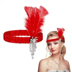 PESENAR 20th Century Costume Accessories Red Feather Pearl Headband Retro Party Props Accessories Fashion