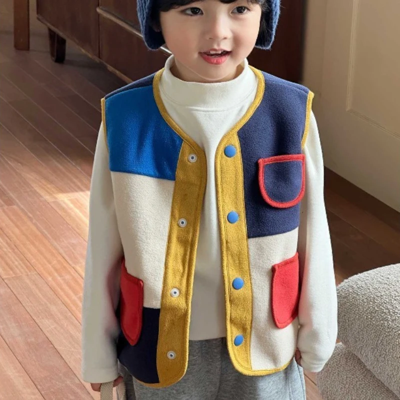 Gilet polaire pour enfants, Patchwork coloré, isolation thermique, chaud, pour garçons, nouvelle col