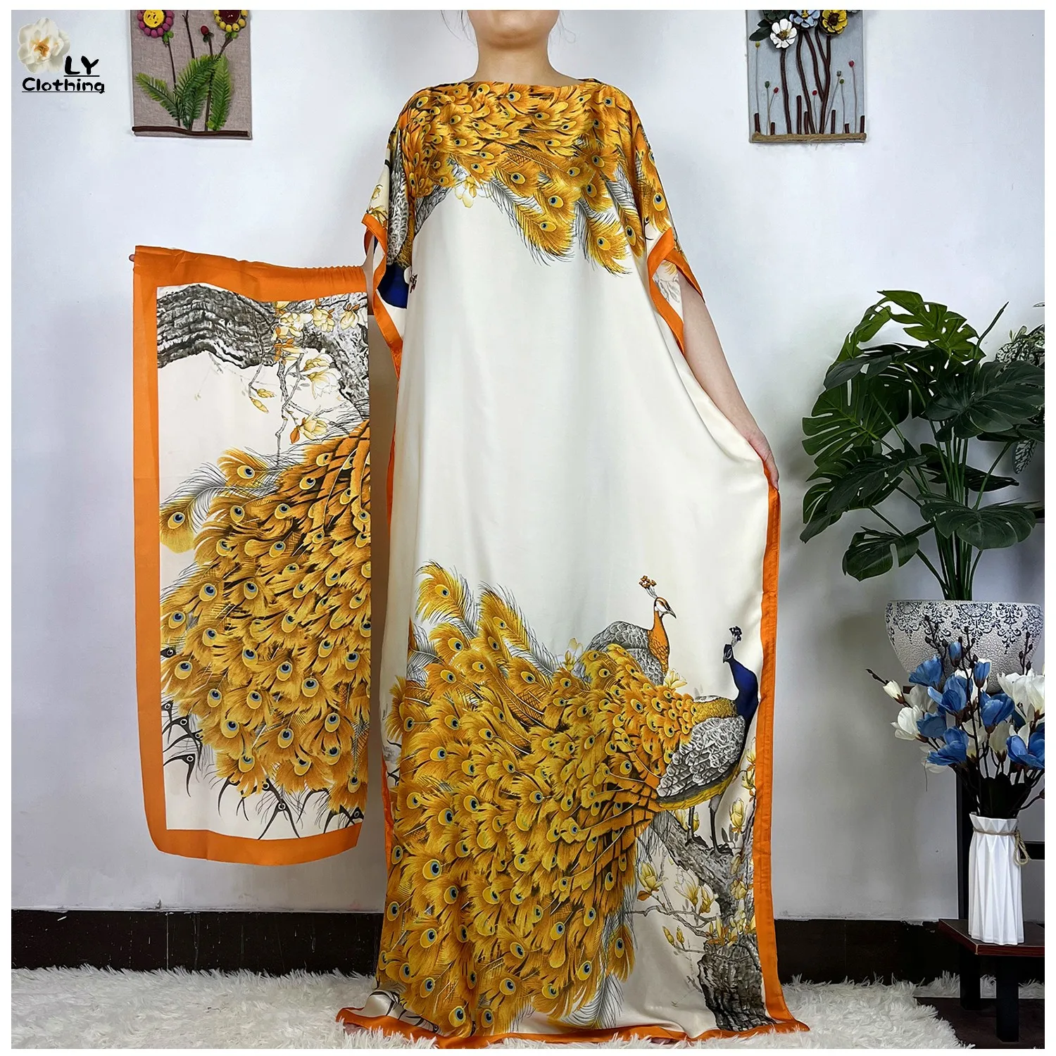2023 New African Fashion Short Sleeve Colored Pattern Dubai Women Summer Real Silk Soft Printing Loose Tradition Muslim Dress