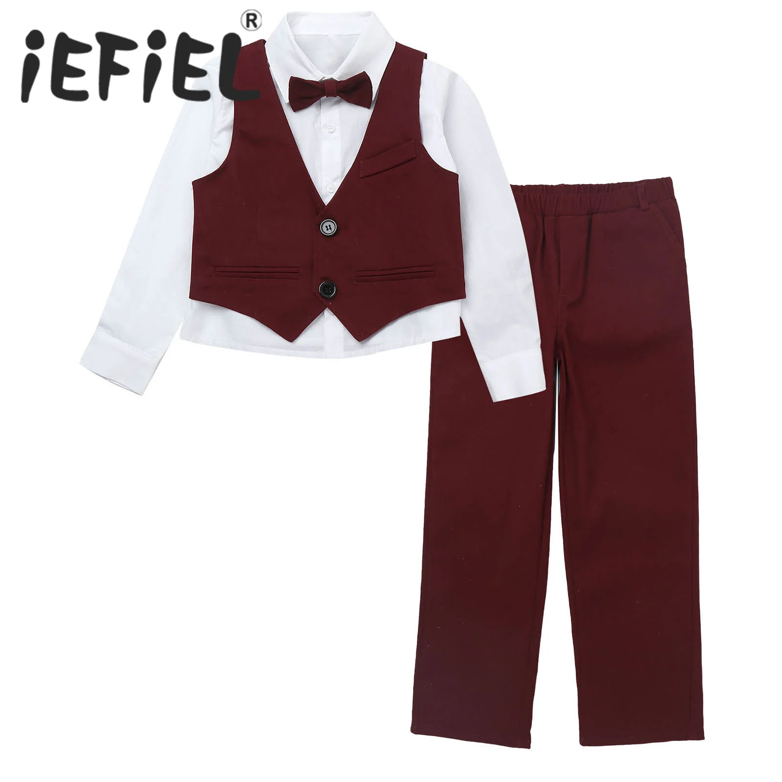 

Kids Boys Gentleman Birthday Party Outfits Long Sleeve Shirt Single-Breasted Vest Pant with Bowknot Tie Knot Set for Wedding