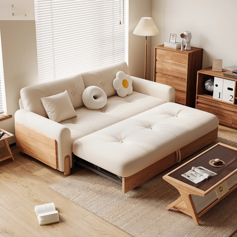 

Living room small apartment straight row log wind sofa bed solid wood log push-pull folding dual-purpose sofa combination