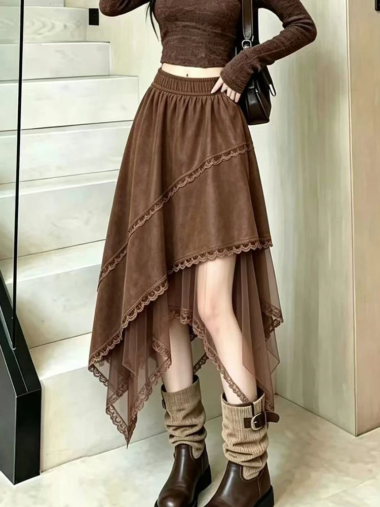 Faux Suede Retro Long Skirt Women Sweet Mesh Patchwork Loose Elegant Skirts Fall Winter New American Preppy Style A Line Skirt