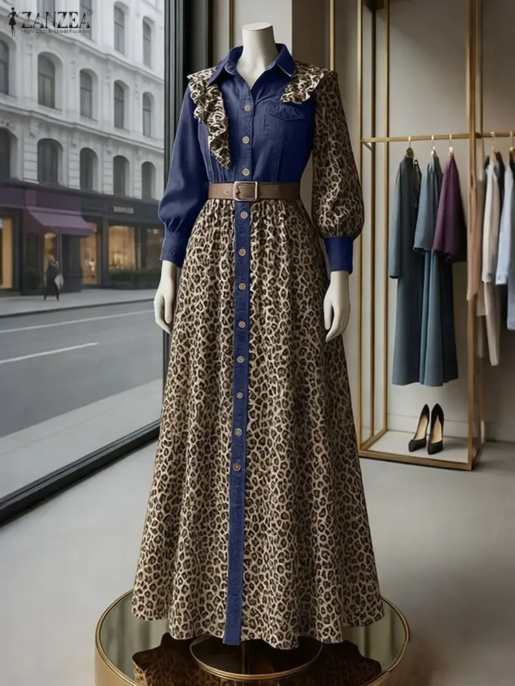 ZANZEA 패션 여성 데님 롱 셔츠 드레스 긴 소매 레오파드 프린트 맥시 드레스 2025 패치워크 파티 우아한 러플드 로브