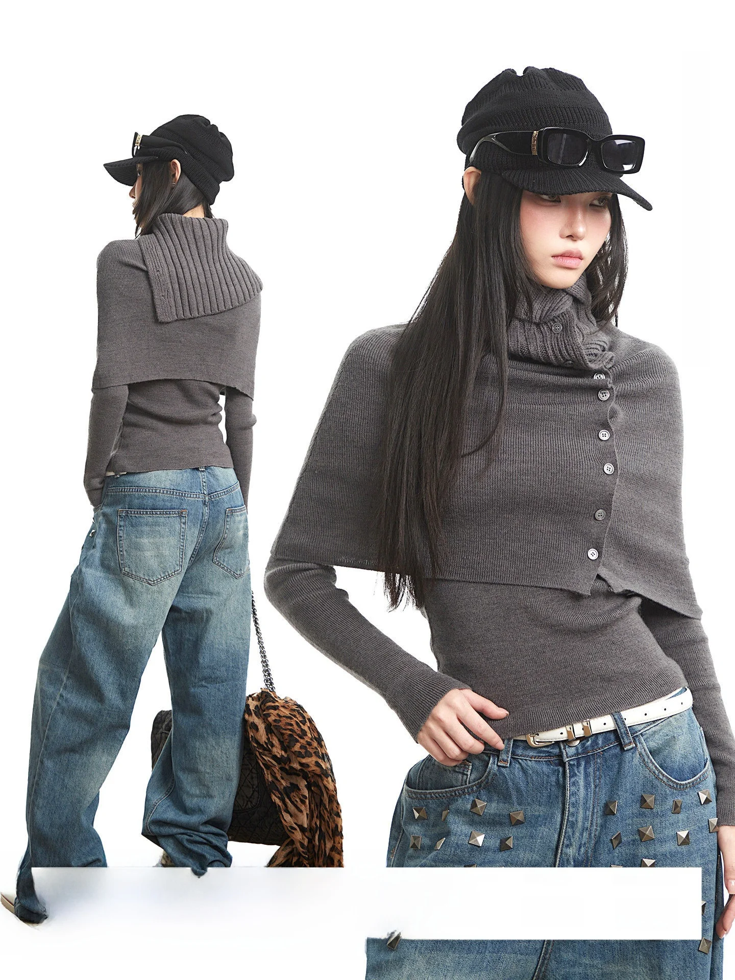 

UNCMHISEX ey High Collar Long Sve Knitted Open Cardigan Women's Autumn Winter ort Sweater Jaet Top