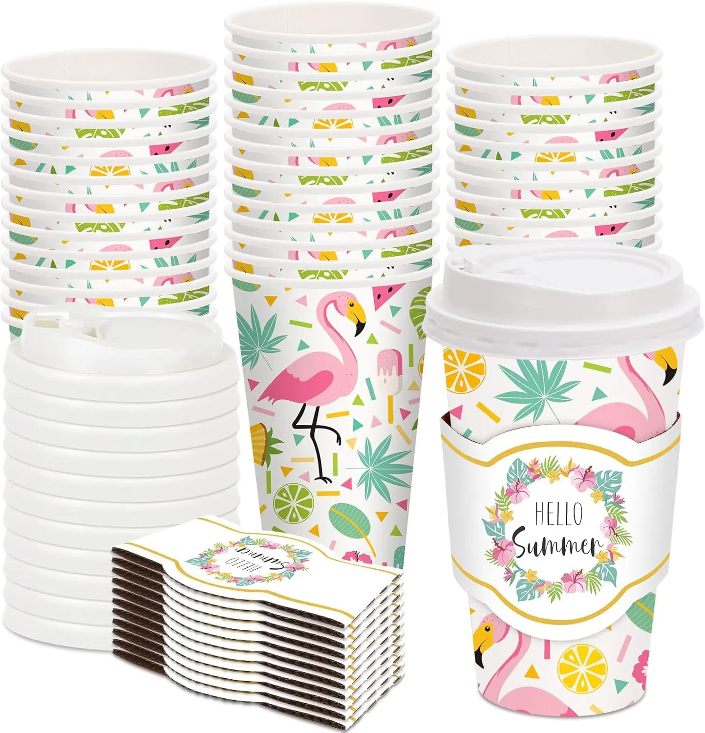 

48 Set Hello Summer Disposable Coffee Cups with Lids and Sleeves Palm Leaves Flamingo Paper Cups Hawaiian Drinking Cups