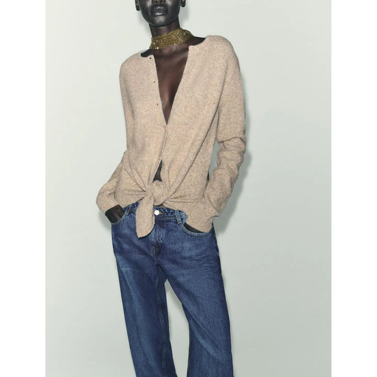 Autumn New Women's Knitted Long Sve round Ne Coat Button Decoration Polyester Fiber Loose Fit Sle French Sle Cardigan