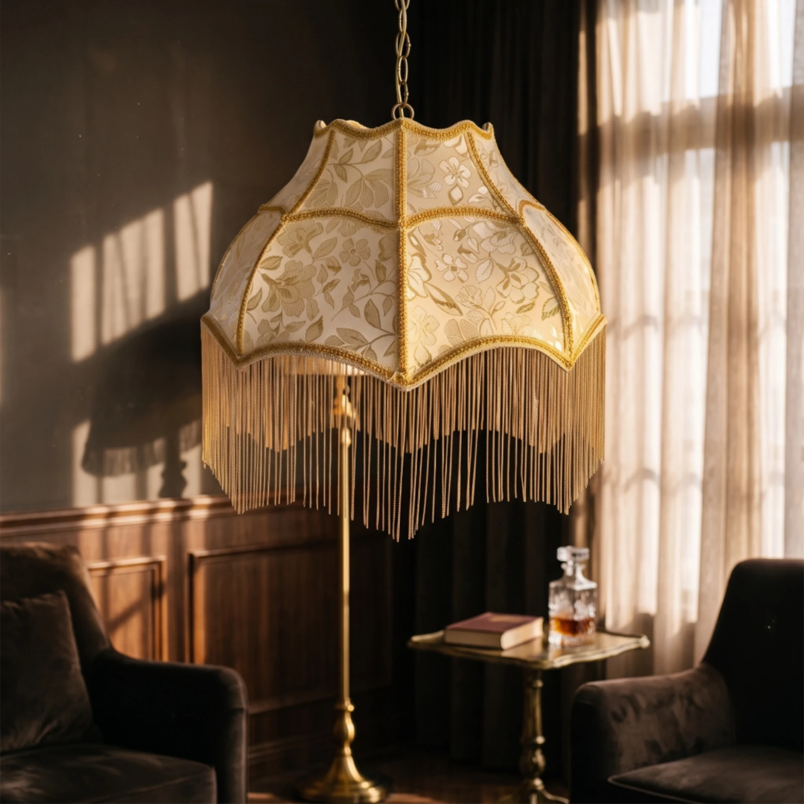 Lampshade with Fringe Decorative Floral Material Lampshade Domed Chandelier Cover Tassel Pendant Light Shade Boho for Tea Rooms