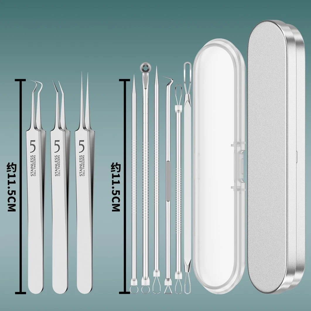 9pcs Stainless Steel Blackhead Removal Tool Set Blackhead Clip Tweezer Beauty Facial Blackhead Remover Acne Needle Tool Skincare