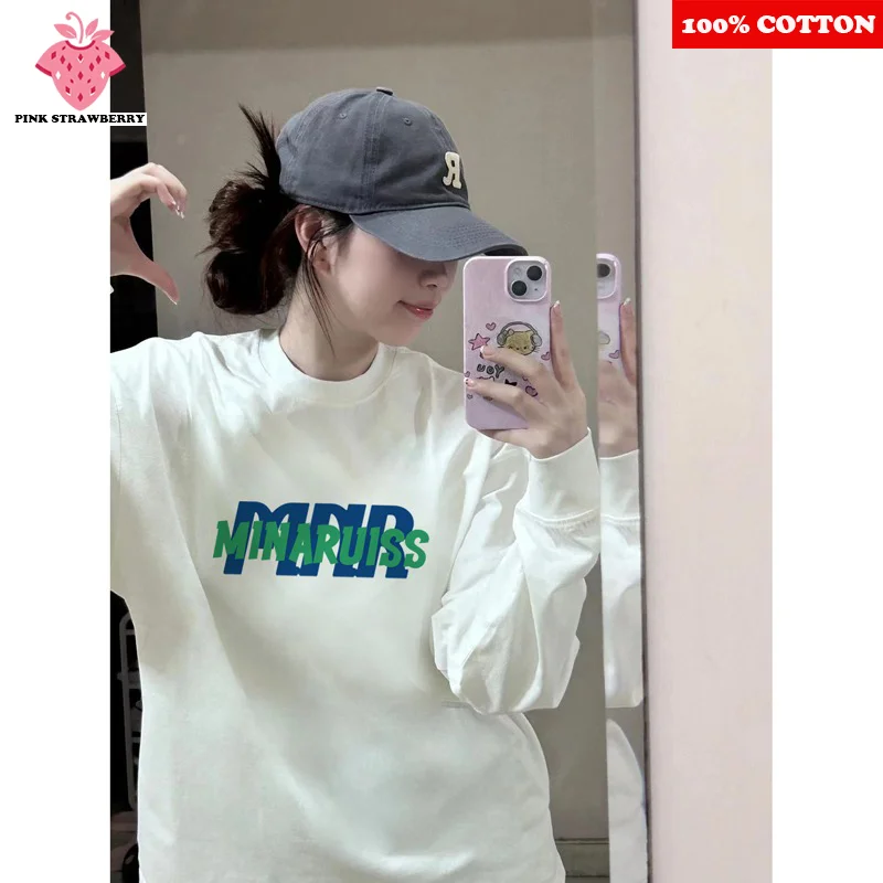 

White Letter Print T-shirt Women American Autumn 2025 New 100% Cotton Loose Casual long-sleeved T-shirt Y2k Tops Female clothing