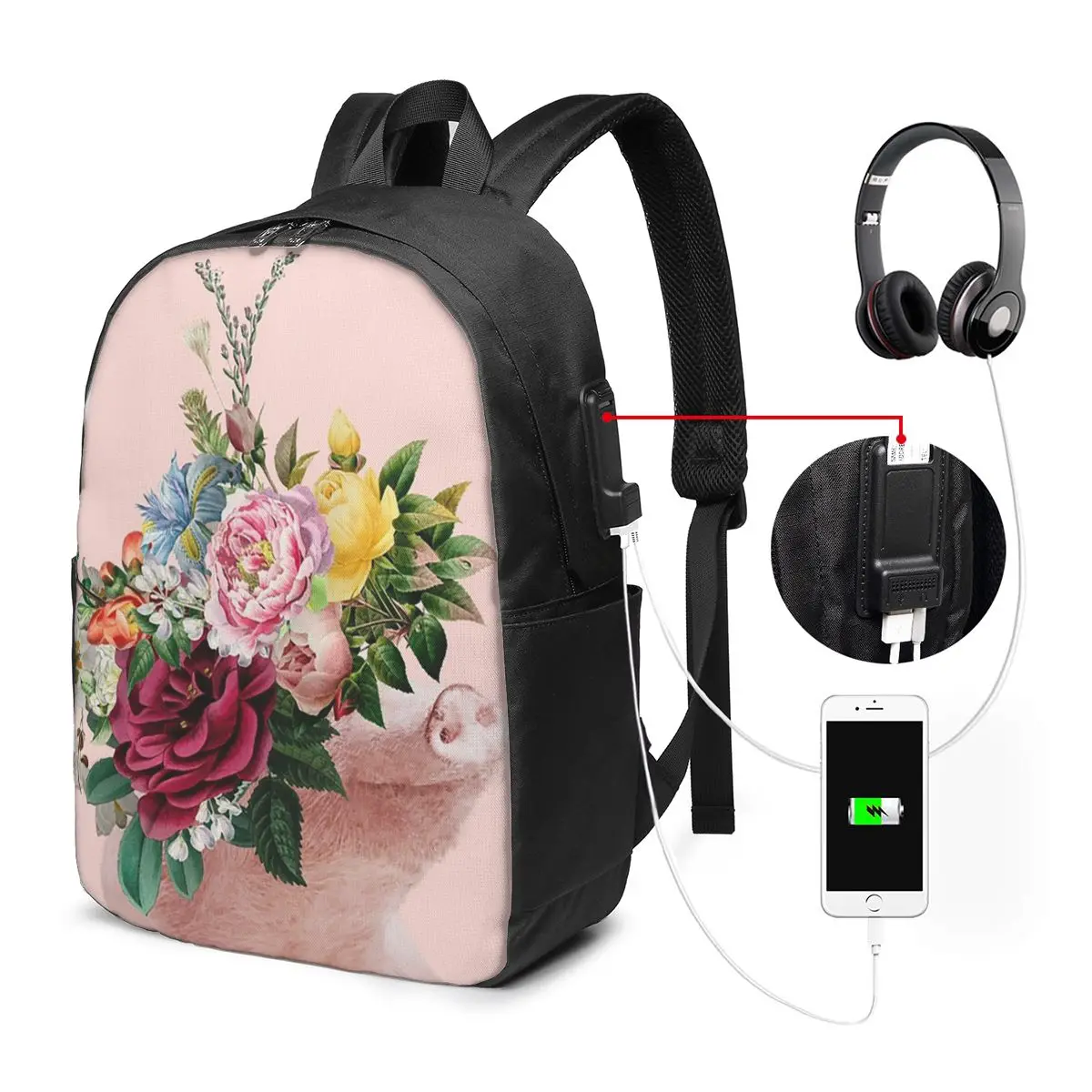 Adorable Pig And Floral Print Backpack Travel Notebook Bag Computer College Student School Bag Laptop Shoulder Bags Men Women