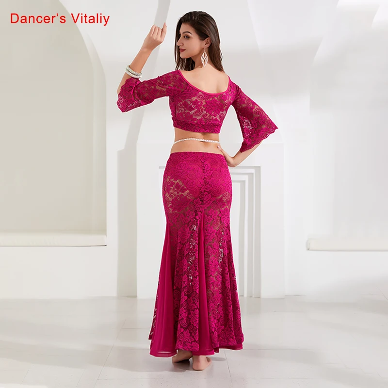 Winter Girls Women Belly Dance Flared Sleeves Top Splicing Skirt Competition Dance wear Lady Oriental Indian Dance Lace Clothes