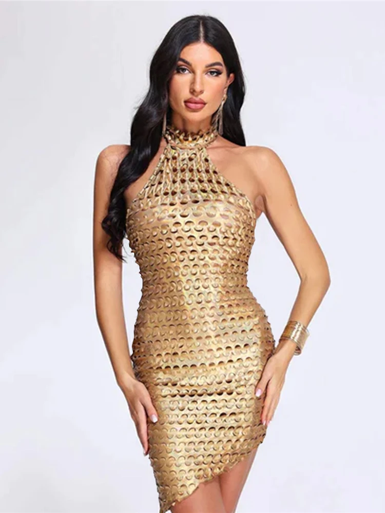 iDress Women's Sexy Gold Halter Hollowed Bodycon Backless Mini Short Clubbing Dress Nightclub Party Birthday Dresses Vestidos