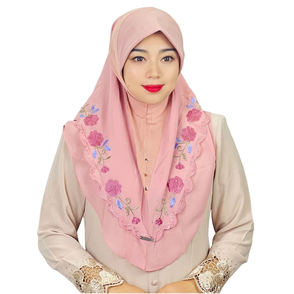 

Chiffon Embroidery Muslim Women Instant Hat Scarf Turban Islamic One Piece Amira Prayer Burqa Shawl Ramadan Headwrap Female Cap