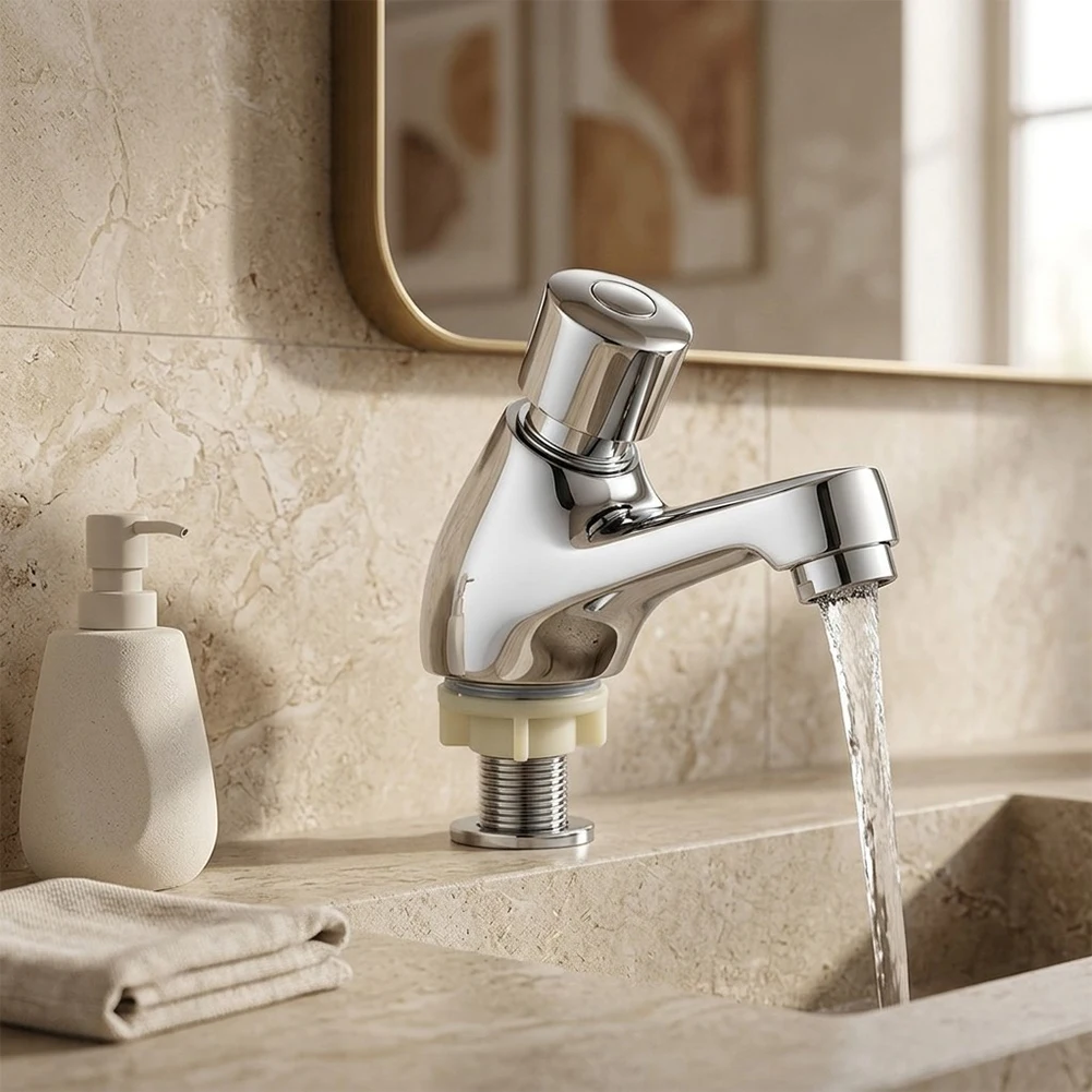 1 Piece Push Tap Basin Faucet Chrome Plated Brass Delayed Closing Water Saving For Public Bathroom Kitchen Sink Accessories