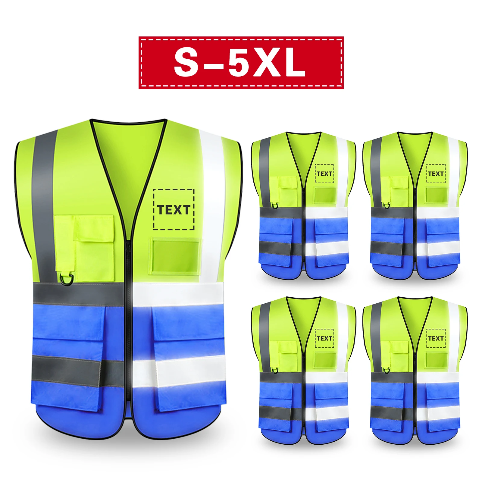 5 Pack Safety Vest Custom Logo, High Visibility Reflective Safety Vest with 5 Pockets and Reflective Strips Outdoor Work Vest