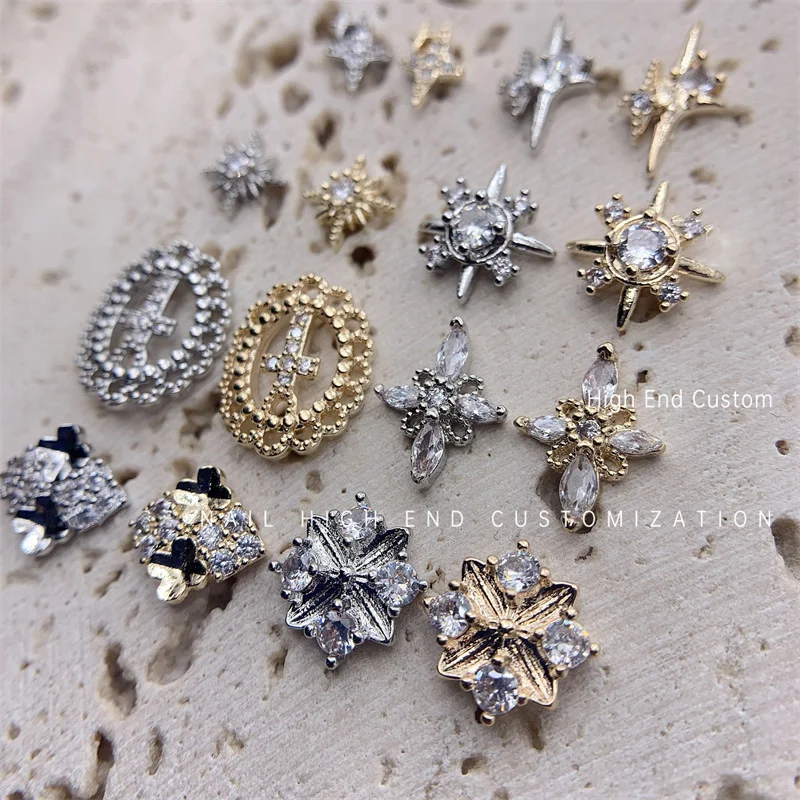 5Pcs Zircon Cross Quadrangle Star Gold Silver Nail Enhancement Diamond Color Preserving Manicure Metal Jewelry Drill