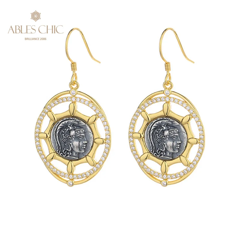 

Ables Chic Athena Goddess of War and Wisdom Greek Coins Solid 925 Silver Roman Coin CZ Accent Drop Earrings E1033