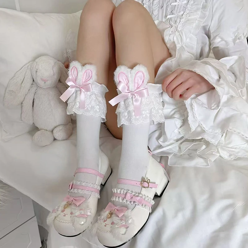 Japanische Harajuku Lolita Kaninchen Ohr Socken Frauen Sommer JK Bogen Kurze Socken Lolita Spitze Große Spitze Süße Socken