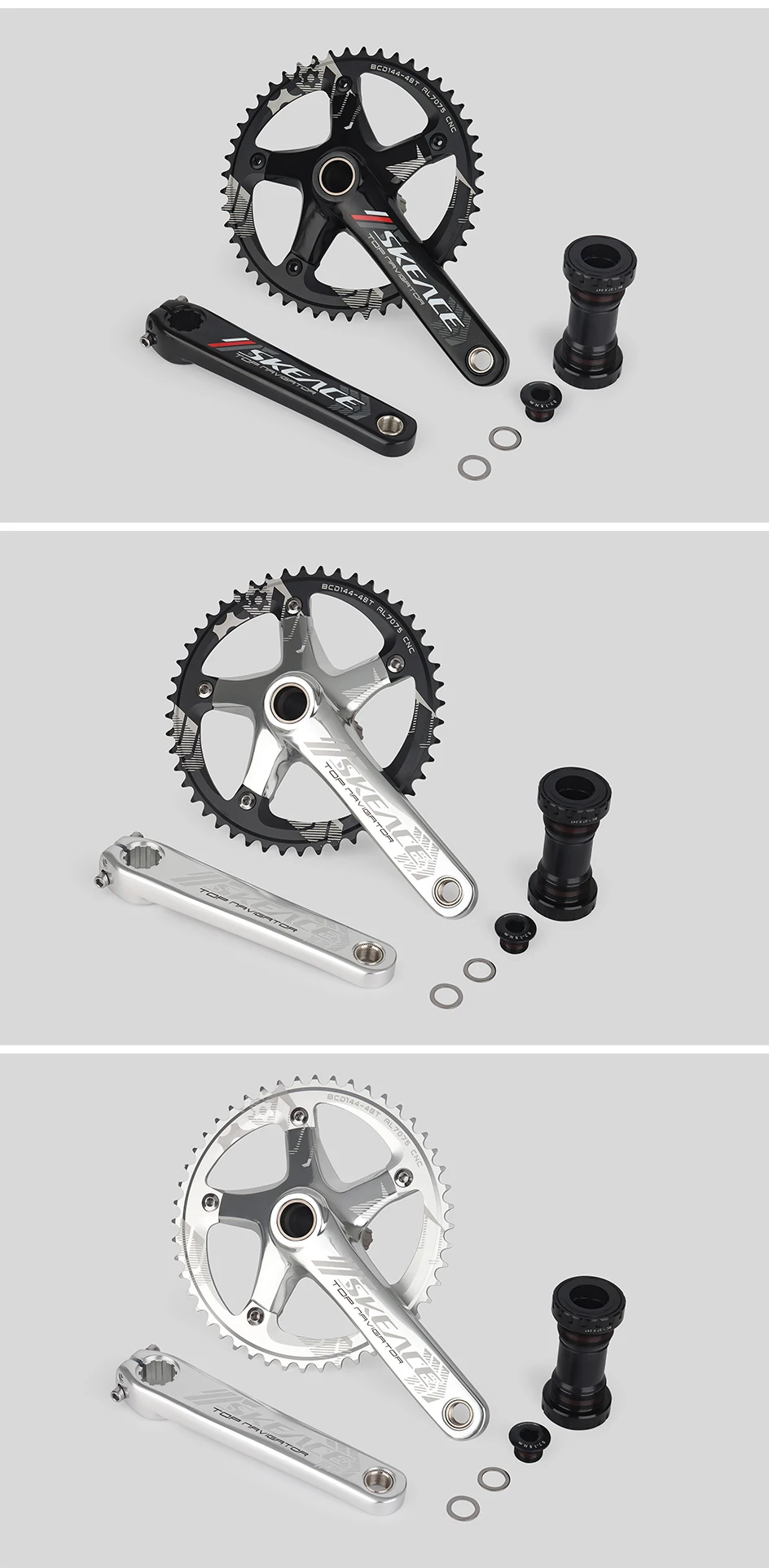 Pédalier de vélo à pignon fixe 144BCD 165 mm creux intégré pédalier unique 48T 49T dents extra larges (couleur : argent, taille : 49T Pédalier de vélo à pignon fixe 144BCD 165 mm creux intégré pédalier unique 48T 49T dents extra larges (couleur : argent, taille : 49T