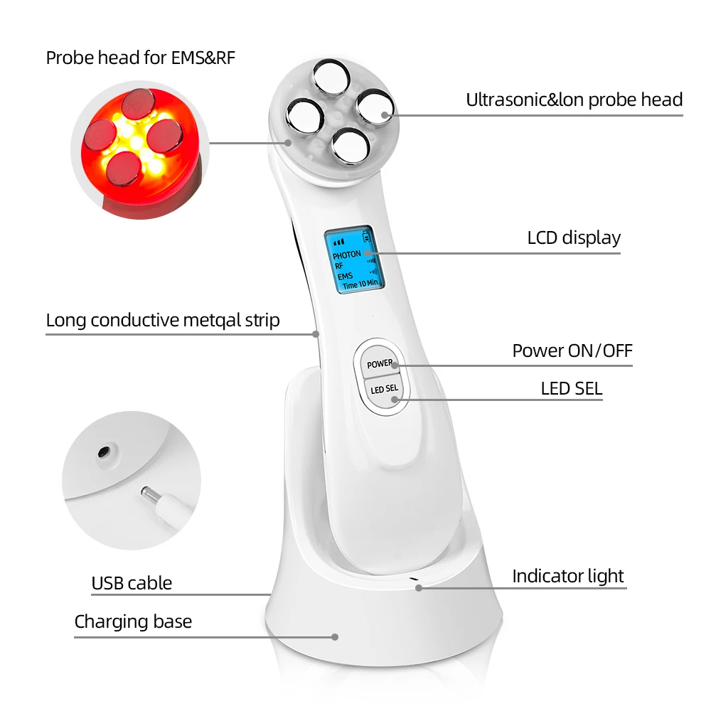 5 In1 RF EMS Electroporation Led Photon Light Therapy Beauty Device Anti Aging Face Lifting Tightening Eye Care Facial Massager