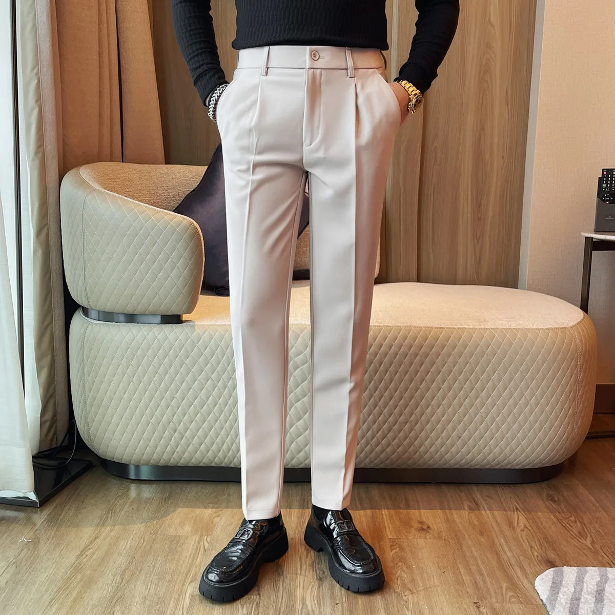 

Панталоны против морщин Homme в британском стиле, однотонные деловые повседневные мужские брюки, официальная одежда, облегающие брюки полной длины