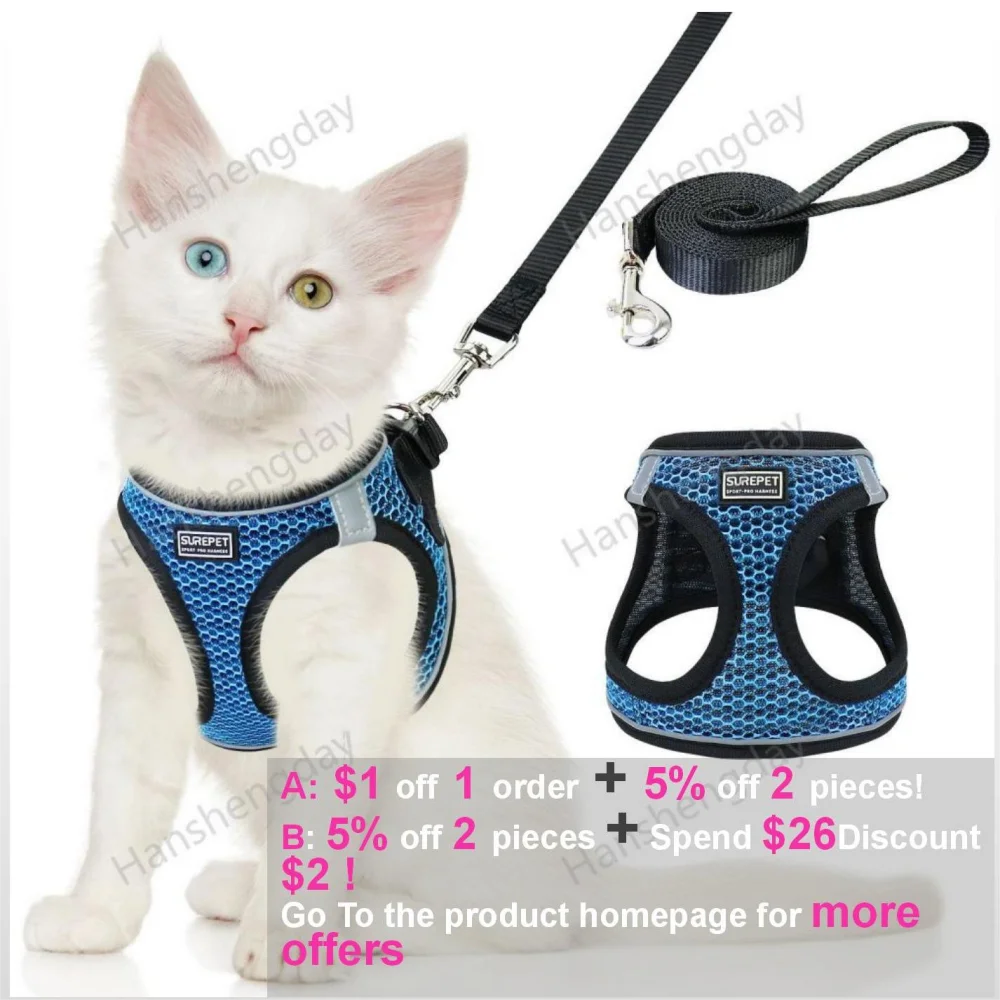 Cat Harness and Leash Set,Escape Proof Kitten Vest for Walking,Adjustable Soft Mesh Harness,Easy Control with Reflective Strips