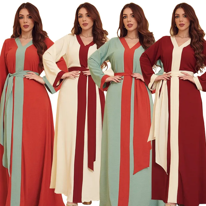 

Middle East Dubai Abaya Contrast Colors Muslim Robe with Belt Long Sleeves Elegant Jalabiya Turkish Long Dresses