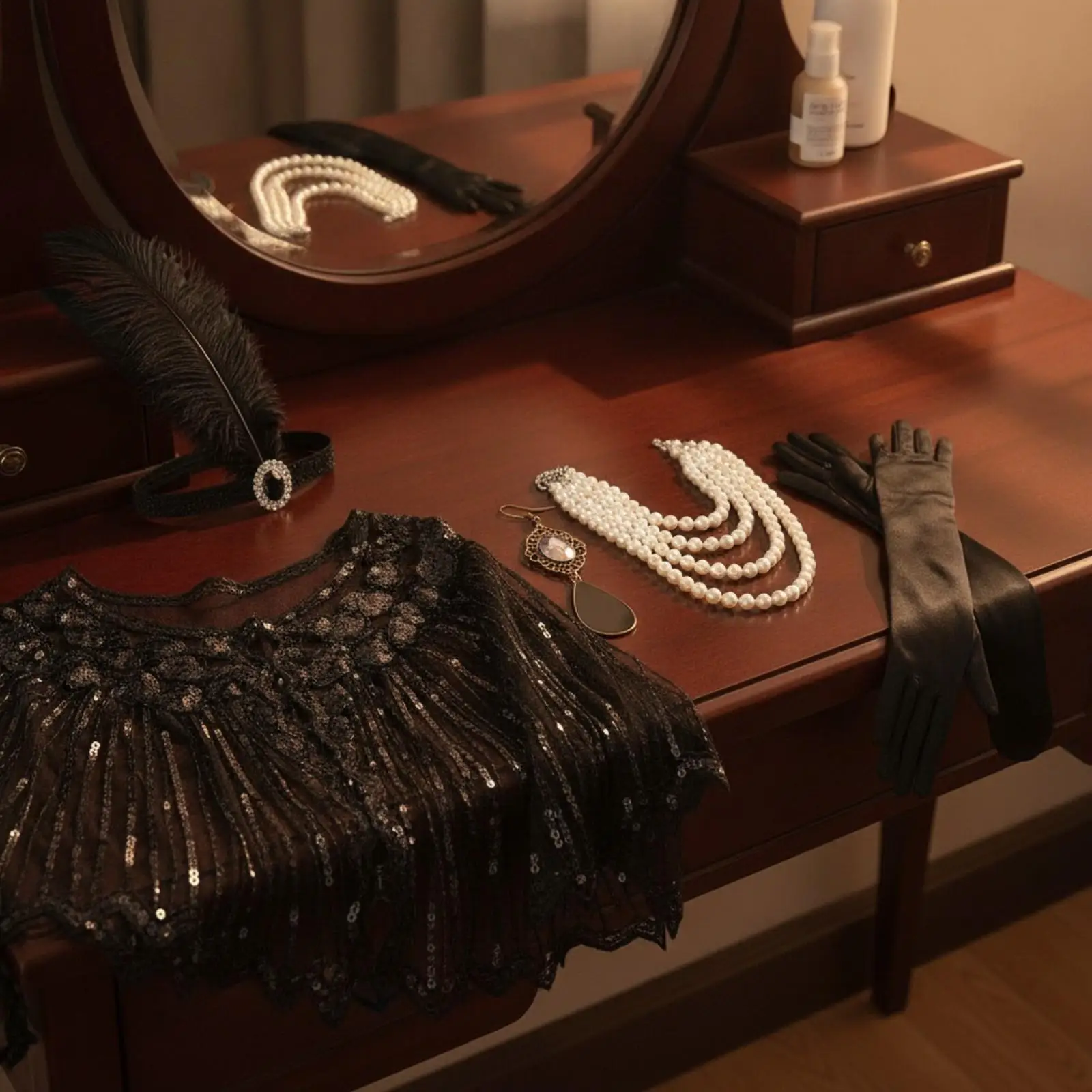 Women Fringe Sequin Cape with Feather Headband and Jewelry Set 5 Piece Vintage Dancer Costume for Stage Show or Party