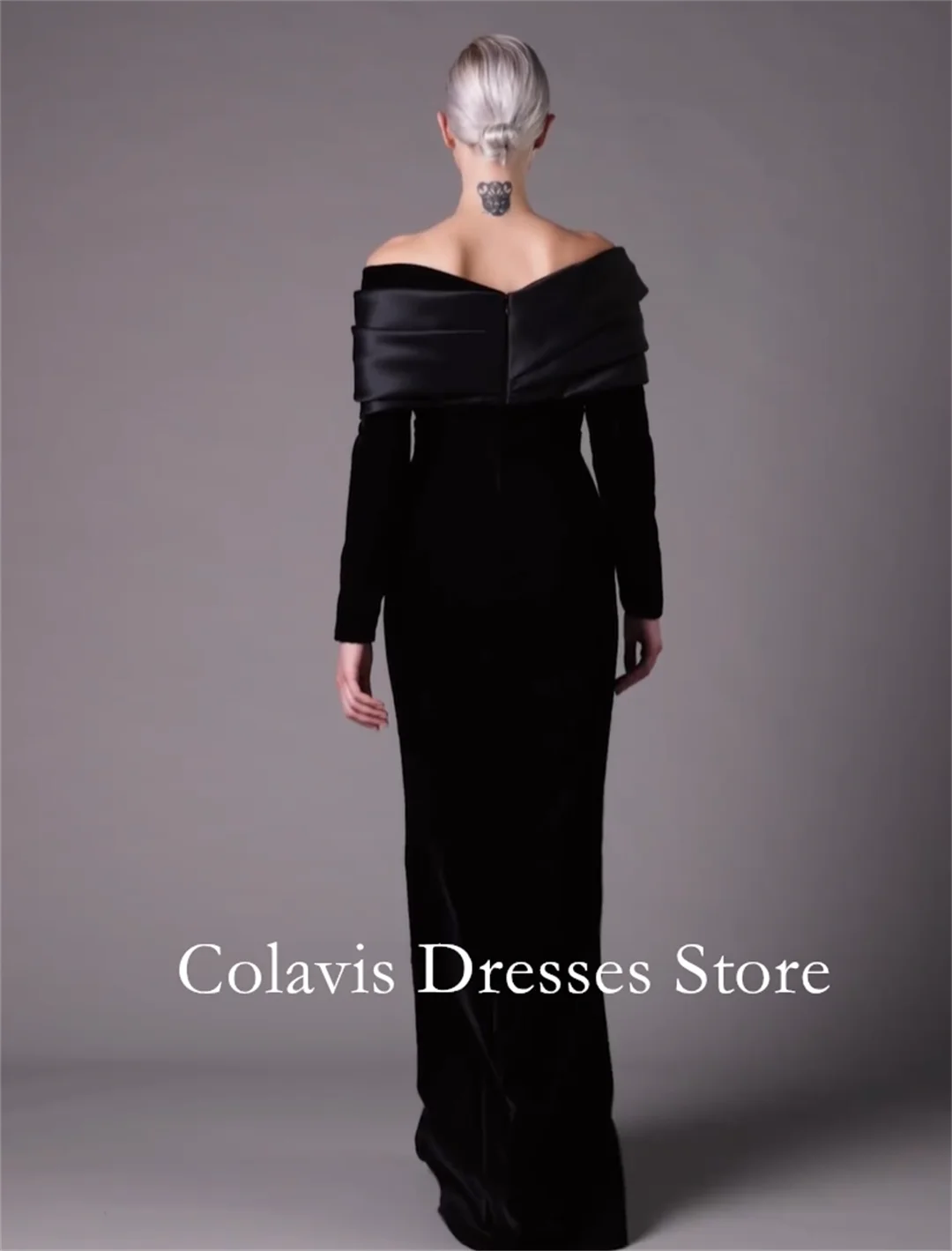 Colavis Fashion Off-Shoulder Customized 2024 New Women's Maxi  Satin Prom Dress Long Sleeves Black Celebrity Mermaid Party Dress