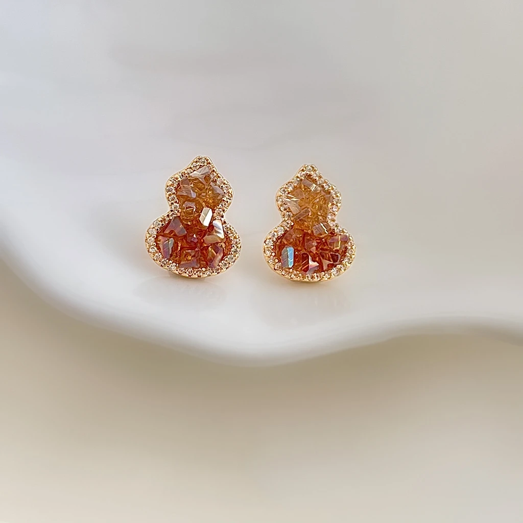14K Gold Plated Copper Gradient Orange Red Cubic Zirconia Halo Small Crystal Earrings For Women Dainty Lucky Daily Jewelry Gift
