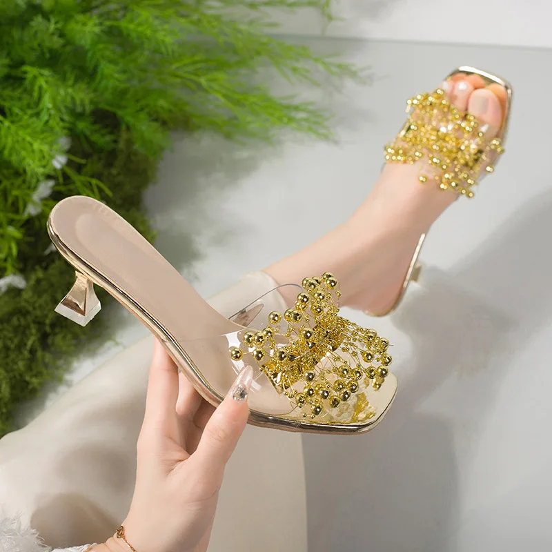 

Transparent Sandals for Women in Summer Gold Beaded Thin Strap High Heel Slippers Luxury Outdoor Beach Shoes Party Sandals