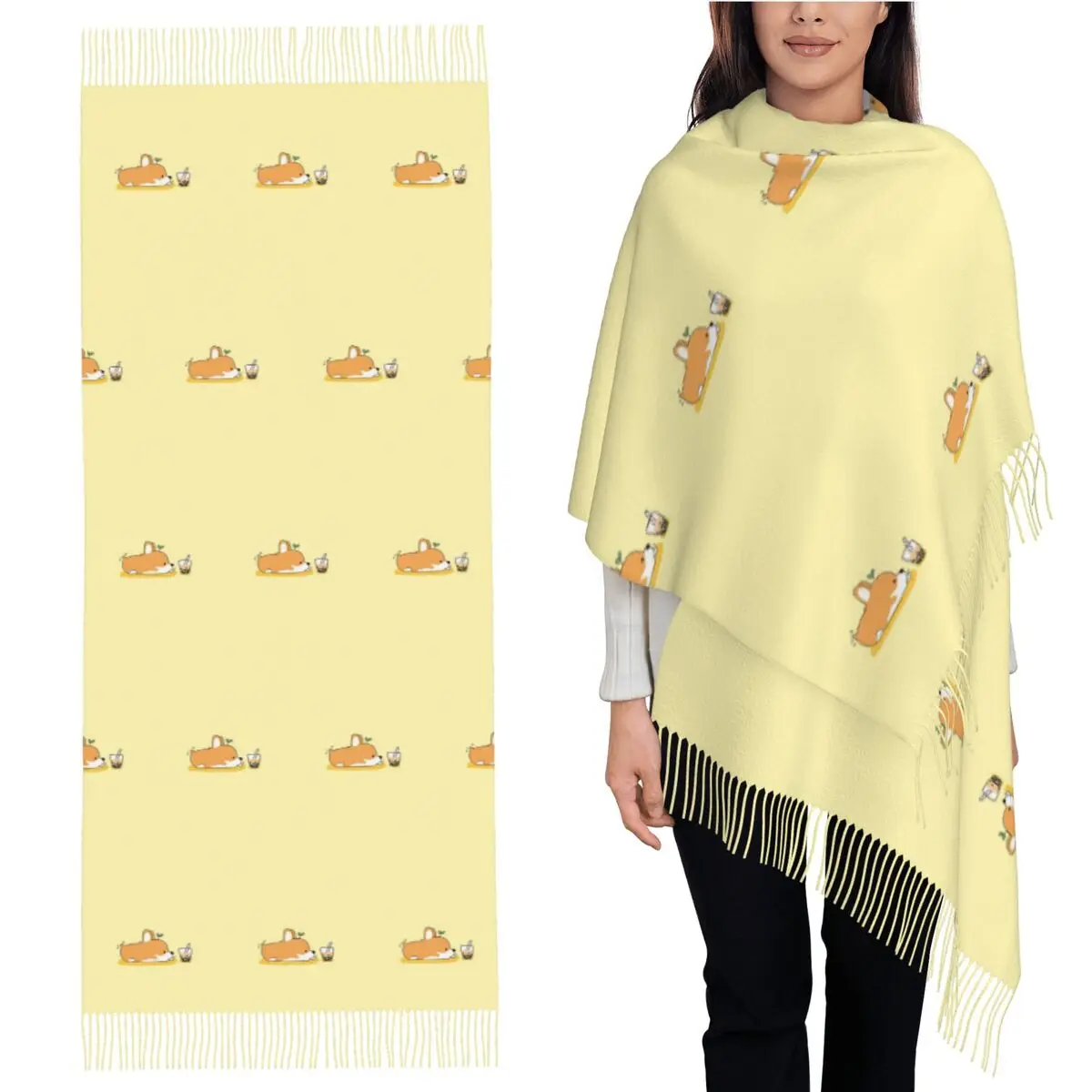 

Шарф Corgi And Bubble Tea, шарфы с кисточками, женские мягкие теплые шали и накидки, большая осенне-зимняя шаль