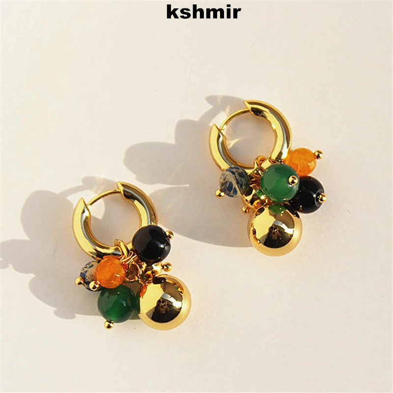 

kshmir Trendy metal green and black stone ball ball eardrop female ear buckle exaggerated earrings jewelry accessories Gift