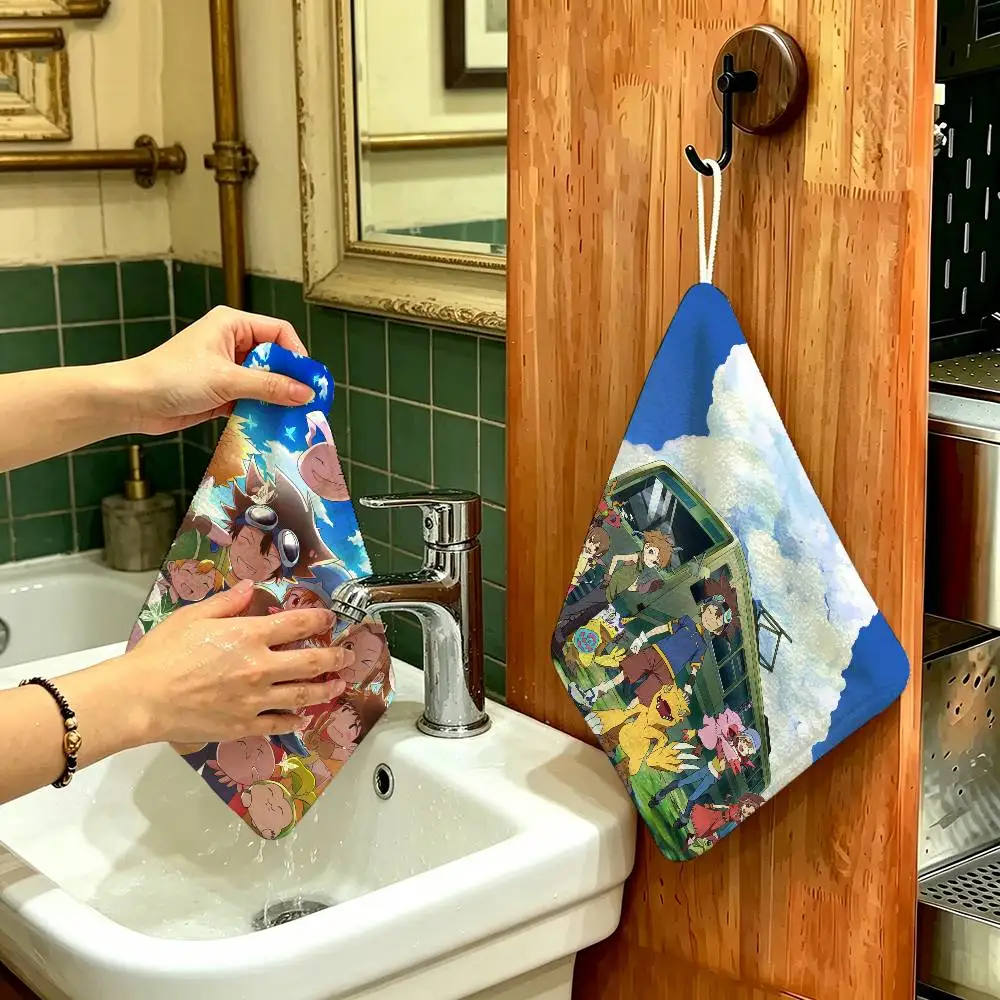 Anime Digimon Hanging Polyester Cotton Towel, Reusable Hand Wiping Cloth, Wear Resistant for Home Kitchen Sink