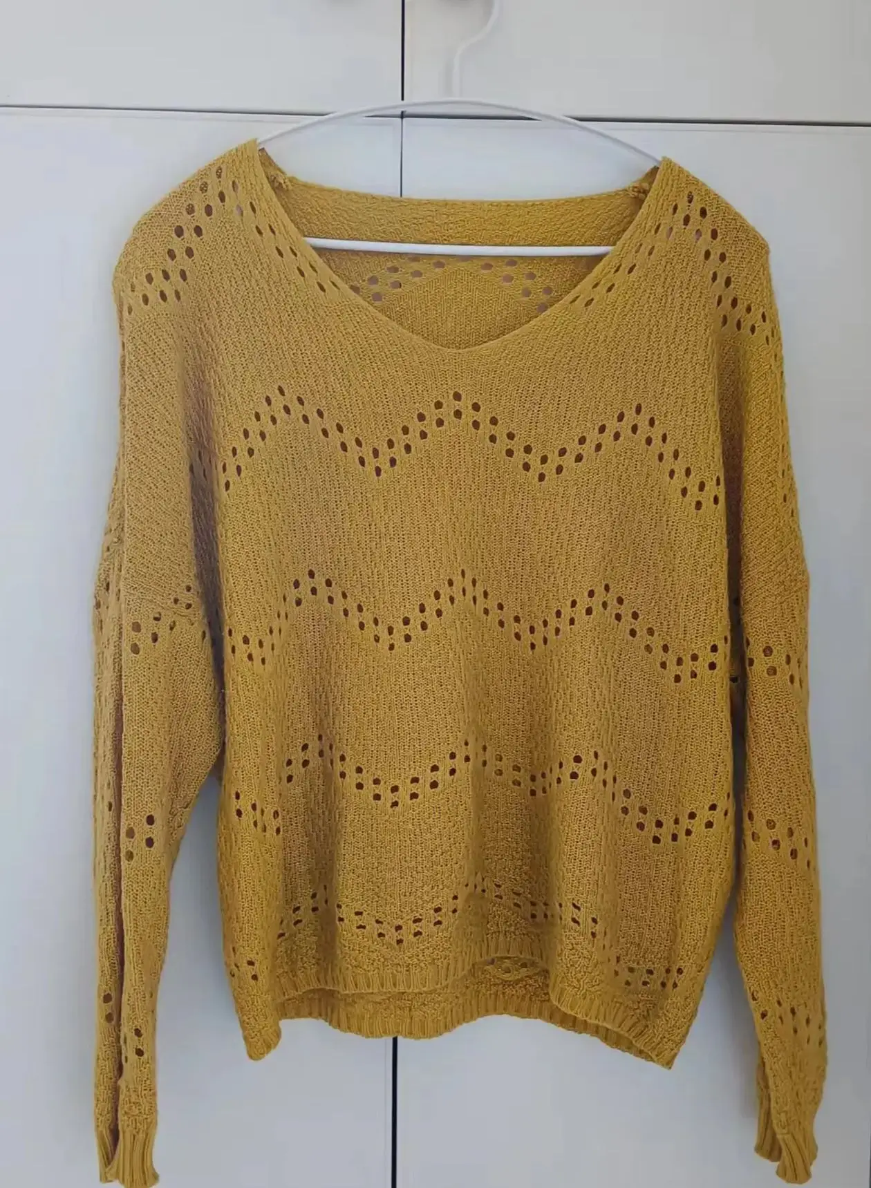 Ginger Yellow Knitted Sweater Hollow Out Women Raglan Sleeve (Only one in stock)