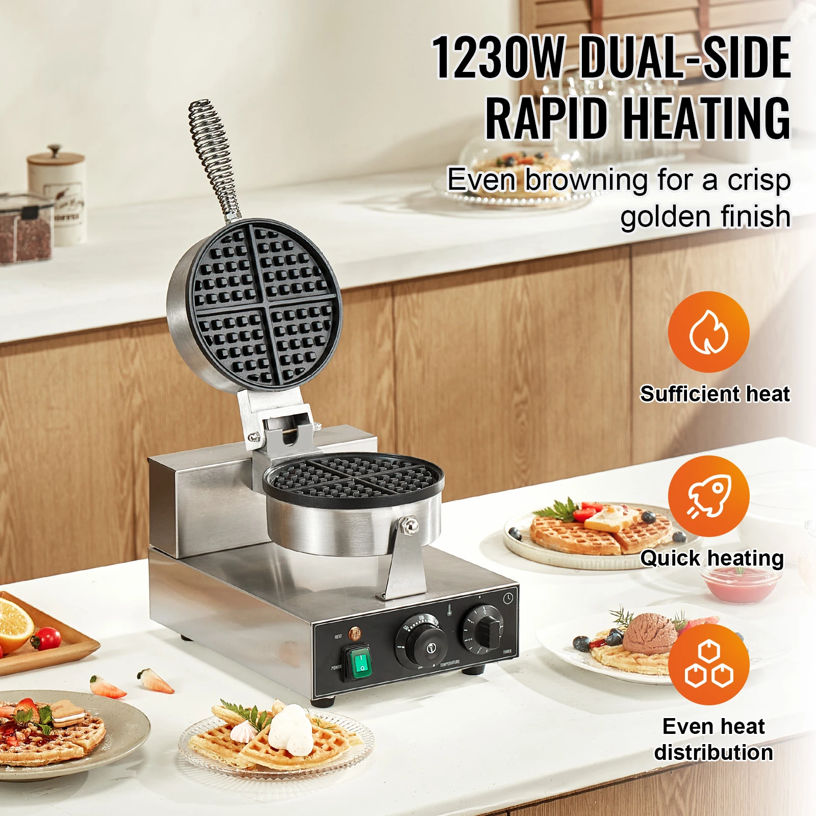 SucceBuy Commercial Waffle Maker Round Waffle Baker Machine Non-Stick Stainless Steel Belgian Waffle for Bakery Snack Bar