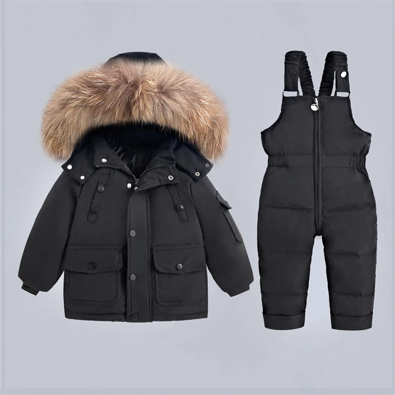 2Pcs Set Children Winter Down Jacket and Jumpsuit Thicken Boy Girls Ski Suit Real Fur Collar Warm Kids Snowsuit Winter Warm Pant