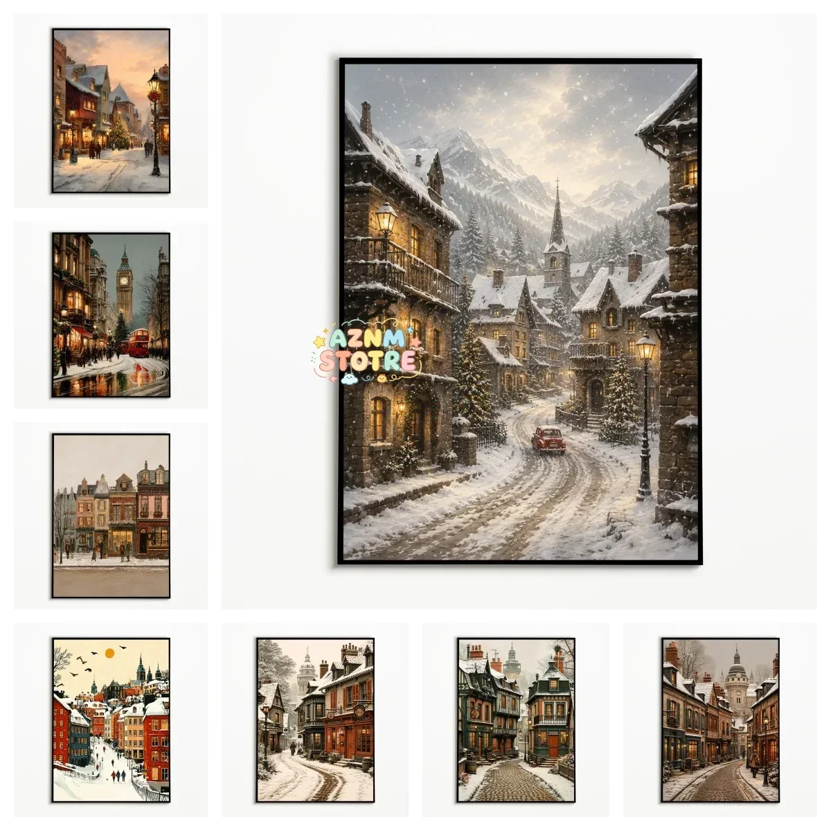 1PC Winter European Town Poster Retro Snowscape Old Street Wall Art Vintage Christmas Canvas Printing Festival Gift  Room Dec
