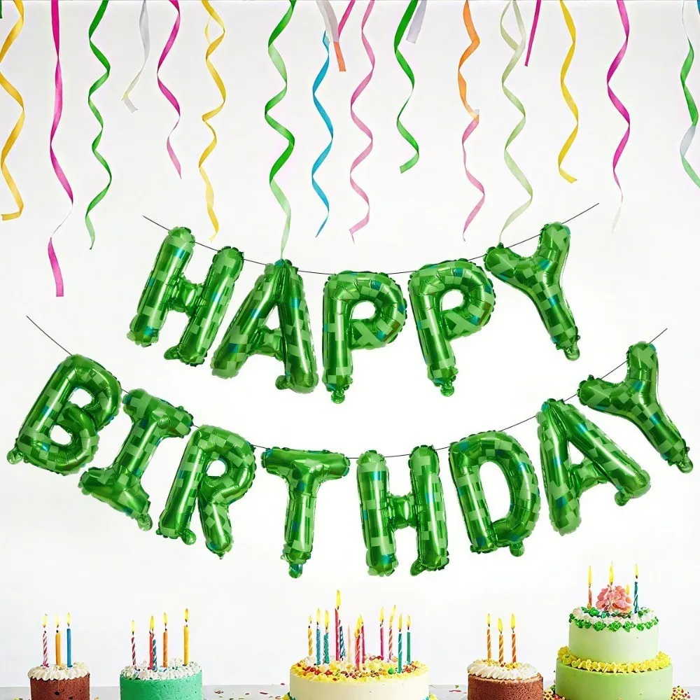 16 Inch Green Pixel Theme HAPPY BIRTHDAY Foil Balloon Mosaic Birthday Letter Theme Set Party Supplies view 2