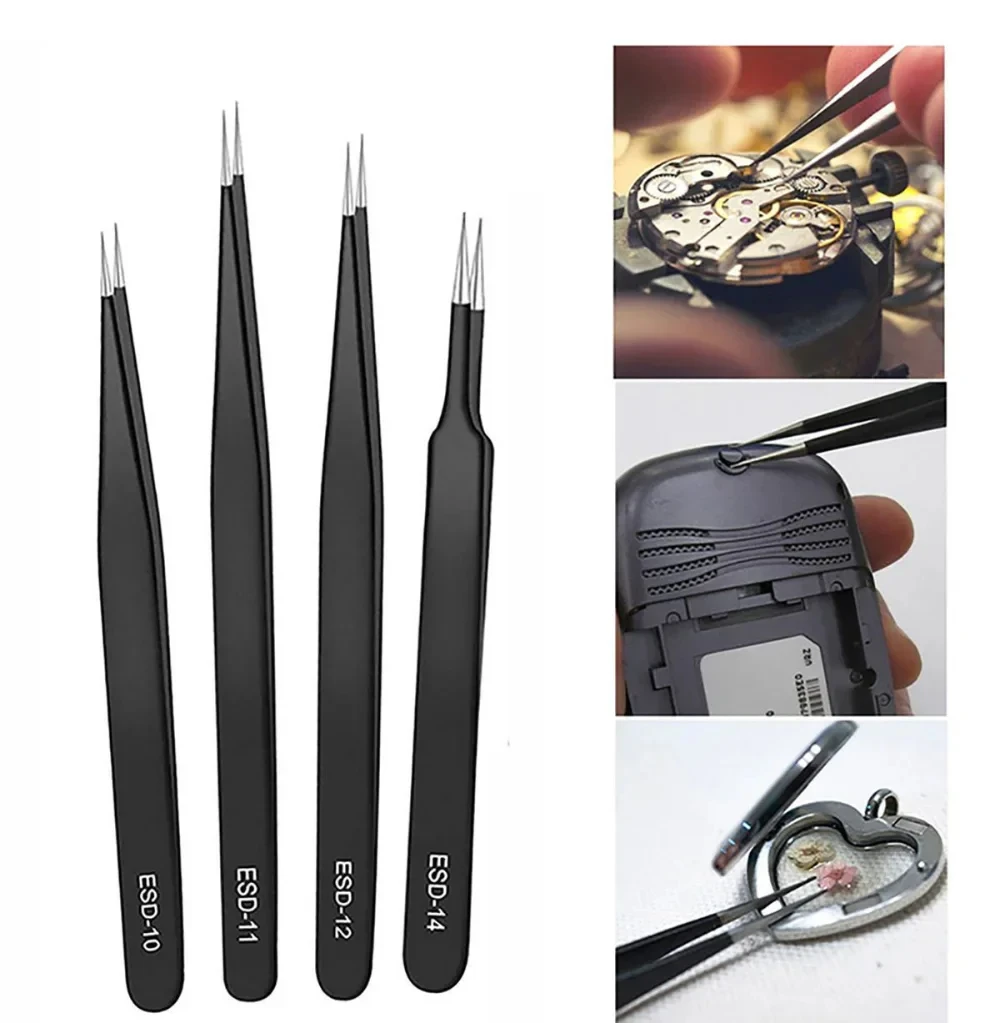 6PCS Precision Tweezer Set ESD Stainless Steel Repair Tools for Electronic Soldering Processes ESD Straight Tweezers