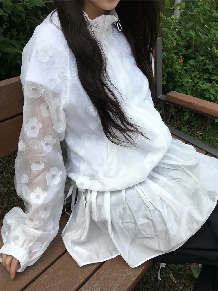 

Cool Floral Embroidery See-tough Zipper Sun Protection Outerwear Japanese Sle Holiday Faion Loose Fit Long Sve Coat