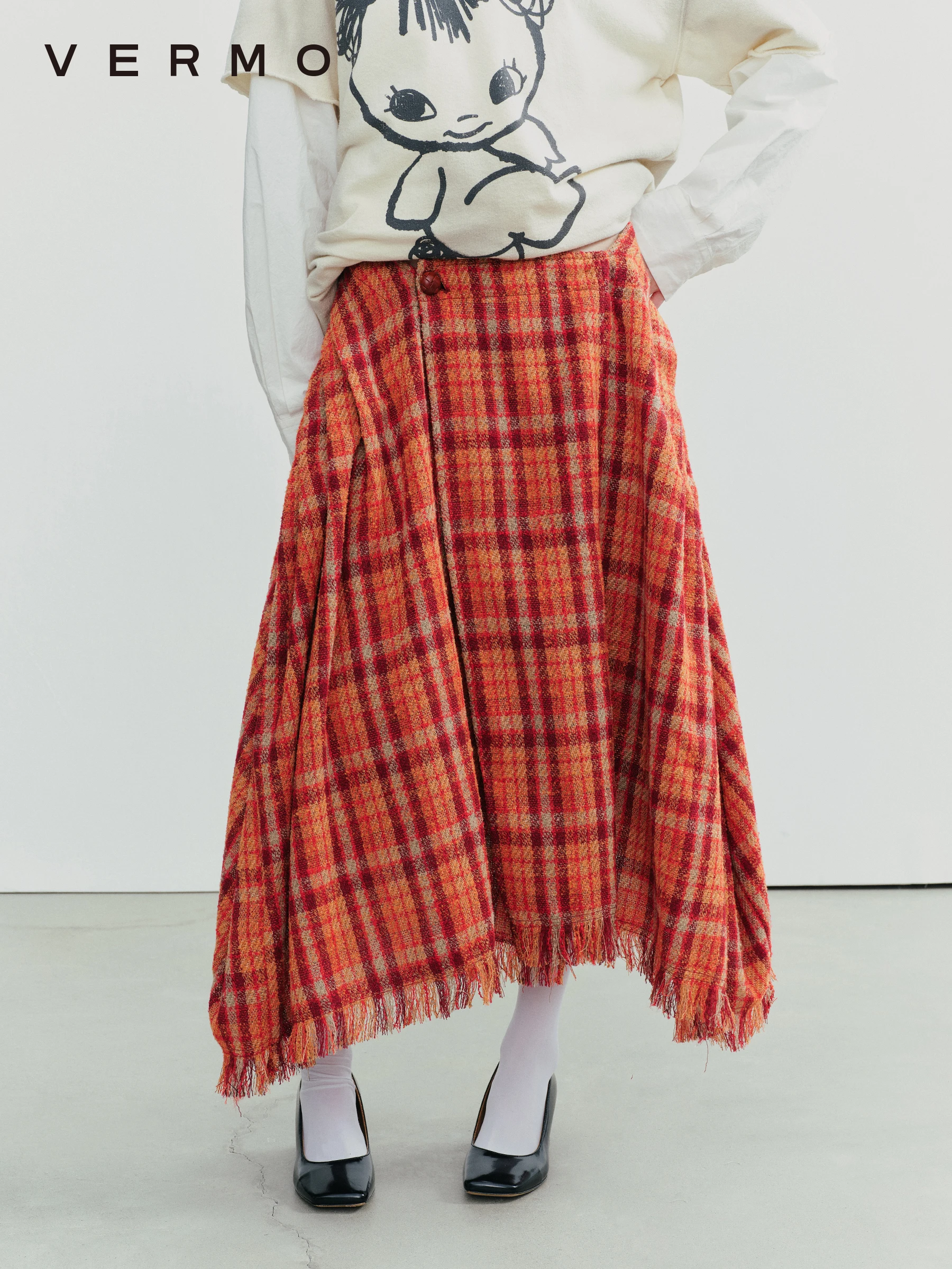 

VERMO Memory Weave Soft Wrap Vintage Colored Woolen Plaid Long Half Skirt Casual Style Double Sided Wear A-Line Skirt