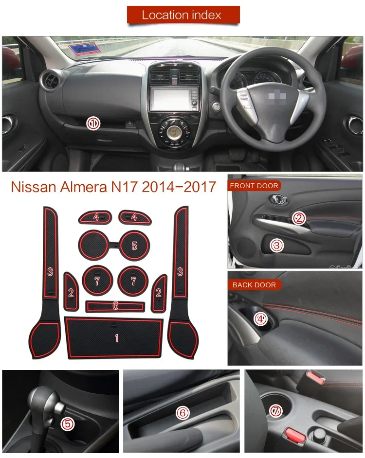 Non-slip Rubber Mat Door Groove for Nissan Almera N17 Sunny Versa Latio 2014~2017 Gate Slot Cup Pad Car Stickers Accessories